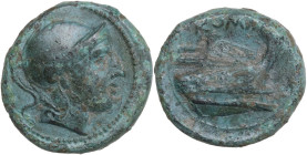 Anomalous Semilibral series. AE Quartuncia. Rome mint, 217-215 BC. Obv. Helmeted head of Roma right. Rev. Prow right; above, ROMA. Cr. 38/8. AE. 3.18 ...