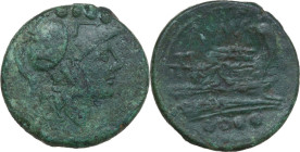 Anonymous post-semilibral series. AE Triens, c. 215-212 BC. Obv. Helmeted head of Minerva right, wearing crested Corinthian helmet; above, four pellet...
