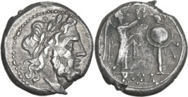 Anonymous. AR Victoriatus, uncertain Campanian mints, 214-211 BC. Obv. Laureate head of Jupiter right. Rev. Victory standing right, crowning trophy; i...