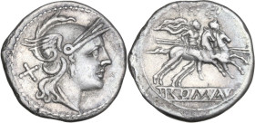 Anonymous. AR Denarius, uncertain Campanian mint (Castra Claudiana?), 215 BC. Obv. Helmeted head of Roma right; behind, X. Rev. The Dioscuri galloping...