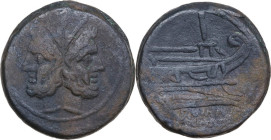 Anonymous Sextantal series. AE As, after 211 BC. Obv. Laureate head of Janus; above, I. Rev. Prow of galley right; above, I; below, ROMA. Cr. 56/2. AE...