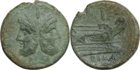 Anonymous Sextantal series. AE As, after 211 BC. Obv. Laureate head of Janus; above, I. Rev. Prow of galley right; above, I; below, ROMA. Cr. 56/2. AE...