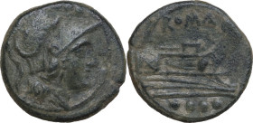 Anonymous light series. AE Triens, after 211 BC, Sardinia (?). Obv. Helmeted head of Minerva right, wearing beaded necklace; above, four pellets. Rev....