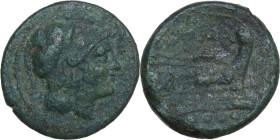 Anonymous Sextantal series. AE Triens, after 211 BC. Obv. Helmeted head of Minerva right, wearing beaded necklace; above, four pellets. Rev. Prow of g...