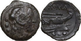 Anonymous Sextantal series. AE Quadrans, after 211 BC. Obv. Head of Hercules right, wearing lion's skin; behind, three pellets. Rev. Prow right; above...