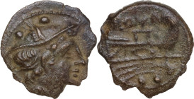 Minturnae' Second Punic War issue. AE Sextans, after 211 BC. Obv. Head of Mercury right, wearing winged petasus; above, two pellets. Rev. Prow right; ...