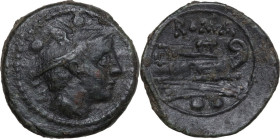 Anonymous Sextantal series. AE Sextans, 214 BC. Obv. Head of Mercury right, wearing winged petasos; above, two pellets. Rev. Prow right; above, ROMA; ...