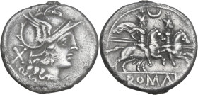 Crescent series. AR Denarius, uncertain Campanian mint (Capua?), 207 BC. Obv. Helmeted head of Roma right; behind, X. Rev. The Dioscuri galloping righ...