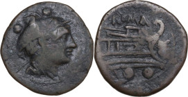 C. Aurunculeius. AE Sextans. Sardinia, c. 209 BC. Obv. Head of Mercury right; above, two pellets. Rev. Prow right; above, ROMA; before, AVR (ligate); ...