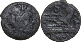Dolphin series, unofficial issue. AE Semis, uncertain mint, after 208 BC. Obv. Laureate head of Saturn right; behind, S. Rev. Prow right; above, S; be...