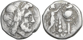 Club series. AR Victoriatus, uncertain Lucanian mint (Venusia?), 209 BC. Obv. Laureate head of Jupiter right. Rev. Victory standing right, crowning tr...