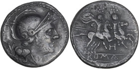 H first series. AR Quinarius, uncertain mint (South-East Italy), 213 BC. Obv. Helmeted head of Roma right, with large visor; behind, V. Rev. The Diosc...