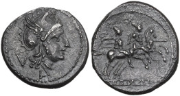 L series. AR Quinarius, Castra Valeriana (Luceria), 214 BC. Obv. Helmeted head of Roma right (Phrygian helmet); behind, V; below, archaic L. Rev. The ...