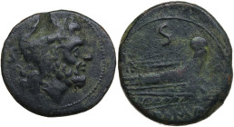 CA series. AE Semis. Canusium mint, 209-208 BC. Obv. Laureate head of Saturn right; behind, S; below, CA. Rev. Prow right; above, S; before, CA set ho...