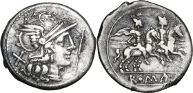 Scipio (staff) fifth series. AR Denarius, uncertain mint (Capua or Roma), late 206 BC. Obv. Helmeted head of Roma right; behind, X; before, scipio (st...