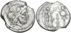 Thunderbolt series. AR Victoriatus, Roma, 205 BC. Obv. Laureate head of Jupiter right. Rev. Victory standing right, crowning trophy; between, thunderb...