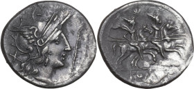 Staff and feather series. AR Denarius, uncertain Spanish mint (Tarraco?), 202 BC. Obv. Helmeted head of Roma right (without curl on left shoulder); be...