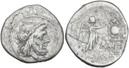 MAT series. AR Victoriatus, Roma, 203 BC. Obv. Laureate head of Jupiter right. Rev. Victory standing right, crowning trophy; between, MAT (ligate); in...