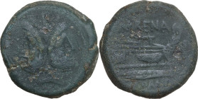 L. Licinius Murena. AE As, c. 169-158 B.C. Obv. Laureate head of Janus; above, mark of value I. Rev. Prow right; above, MVRENA (MVR ligate); before, m...