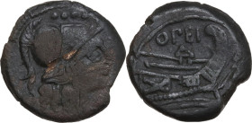 Q. Opimius. AE Triens, c. 169-158 BC. Obv. Helmeted head of Minerva right, above, four pellets. Rev. Prow right; above, OPEI; before, four pellets; be...