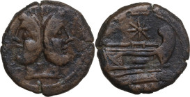 Star (second) series. AE As, 169-158 BC. Obv. Laureate head of Janus; above, mark of value. Rev. Prow right; above, eight- rayed star and before, mark...