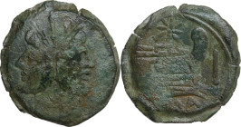 Star (second) series. AE As, 169-158 BC. Obv. Laureate head of Janus; above, mark of value. Rev. Prow right; above, eight- rayed star and before, mark...