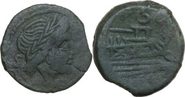 Anonymous. AE Semis, unofficial issue or contemporary forgery, c. 150 BC. Obv. Laureate head of Saturn right. Rev. Prow of galley right; S above; I be...