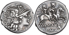 M. Atilius Saranus. AR Denarius, 148 BC. Obv. Helmeted head of Roma right; behind, SARAN (AN ligate) downwards; before, X. Rev. The Dioscuri galloping...