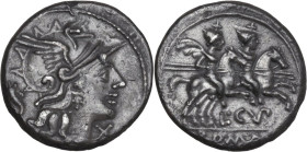 L. Cupiennius. AR Denarius, 147 BC. Obv. Helmeted head of Roma right; behind, cornucopiae; below chin, X. Rev. The Dioscuri galloping right; below, L·...