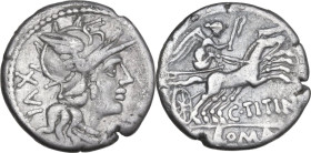 C. Titinius. AR Denarius, 141 BC. Obv. Helmeted head of Roma right with necklace of beads; behind, XVI. Rev. Victory in biga right; below, C·TITINI; i...