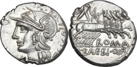 M. Baebius Q. f. Tampilus. AR Denarius, 137 BC. Obv. Helmeted head of Roma left with necklace of beads; behind, TAMPIL; below chin, X. Rev. Apollo in ...