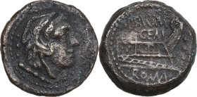 C. Aburius Geminus. AE Quadrans, 134 BC. Obv. Head of Hercules right; behind, three pellets. Rev. C ABVRI/GEM. Prow right; before, three pellets; belo...