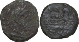 C. Aburius Geminus. AE Quadrans, 134 BC. Obv. Head of Hercules right; behind, three pellets. Rev. [C] ABVRI/GEM. Prow right; before, three pellets; be...