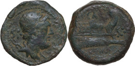 C. Cassius Longinus. AE Dodrans, c. 126 BC. Obv. Draped bust of Vulcan right, wearing laurel-wreathed cap; thongs over left. shoulder;behind, S and th...