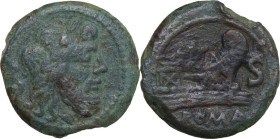 Anonymous. AE Semis, 135-125 BC. Obv. Laureate head of Saturn right; S behind. Rev. Prow right; S before; ROMA in exergue. Cr. 272/1. AE. 7.98 g. 23.5...