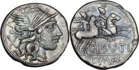 C. Plutius. AR Denarius, 121 BC. Obv. Head of Roma right, helmeted. Rev. Dioscuri galopping right. Cr. 278/1. AR. 3.88 g. 19.70 mm. Iridescent toning....