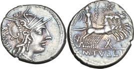 M. Tullius. AR Denarius, 120 BC. Obv. Helmeted head of Roma right; behind, ROMA. Rev. Victory in quadriga right; above, wreath; below, X; in exergue, ...