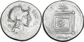Geto-Dacians. AR Denarius, 115-114 BC. Geta-Dacian imitation, copying M. Cipius on obverse. Obv. Helmeted head of Roma right; behind, X; on right, [M·...