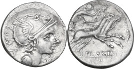 L. Flaminius Chilo. AR Denarius, 109 or 108 BC. Obv. Helmeted head of Roma right; behind, ROMA; below chin, X. Rev. Victory in biga right; below, L·FL...