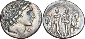 L. Memmius. AR Denarius, 109 or 108 BC. Obv. Male head right (Apollo?) wearing oak-wreath; below chin, barred X. Rev. The Dioscuri standing facing bet...