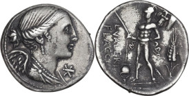 L. Valerius Flaccus. AR Denarius, 108 or 107 BC. Obv. Draped bust of Victory right; below chin, barred X. Rev. Mars walking left, holding spear and tr...
