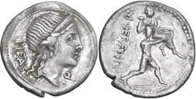 M. Herennius. AR Denarius. Rome mint, 108-107 BC. Obv. Diademed head of Pietas right; behind, PIETAS (TA ligate); before, Q. Rev. One of the Catanean ...