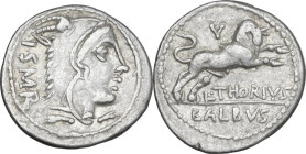 L. Thorius Balbus. AR Denarius, 105 BC. Obv. Head of Juno Sospita right, wearing goat-skin; behind, I·S·M·R. Rev. Bull charging right; above, V; below...
