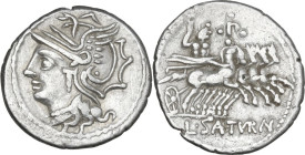 L. Appuleius Saturninus. AR Denarius, 104 BC. Obv. Helmeted head of Roma left. Rev. Saturn in quadriga right; above, P surrounded by four pellets; in ...