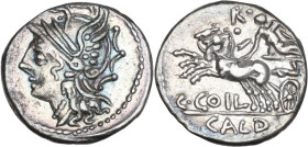 C. Coelius Caldus. AR Denarius, 104 BC. Obv. Helmeted head of Roma left. Rev. Victory in biga left; above, control letter with dots; below, C·COIL; in...