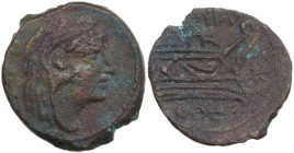 Non-RRC 113 star-before. AE Quadrans, c. 100-25(?) BC. Obv. Head of Hercules right, wearing lion's skin; behind, three pellets. Rev. ROMA. Prow right;...
