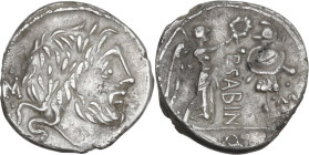 P. Vettius Sabinus. AR Quinarius, 99 BC. Obv. Laureate head of Jupiter right; behind, M with two dots. Rev. Victory standing right, crowning trophy; b...