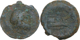 L. Pomponius Molo. AE Semis, 97 BC. Obv. Laureate head of Saturn right; S before. Rev. Prow of galley right; [L. P]OMP above, S before, ROMA below. Cr...