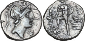 C. Poblicius Malleolus, A. Postumius Sp. f. Albinus and L. Metellus. AR Denarius, 96 BC. Obv. Helmeted head of Mars right; above, hammer and below chi...