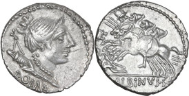 A. Albinus Sp.f. AR Denarius, 96 BC. Obv. Diademed and draped bust of Diana right, bow and quiver on shoulder; below, ROMA. Rev. Three horsemen gallop...